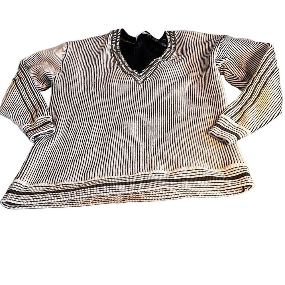 The Upside Women's Cream Deep V-Neck Striped Louie Knitted Sweater Cotton Medium